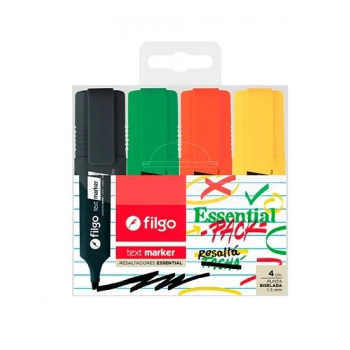 Resaltador Essential pack punta Biselada x4 FILGO